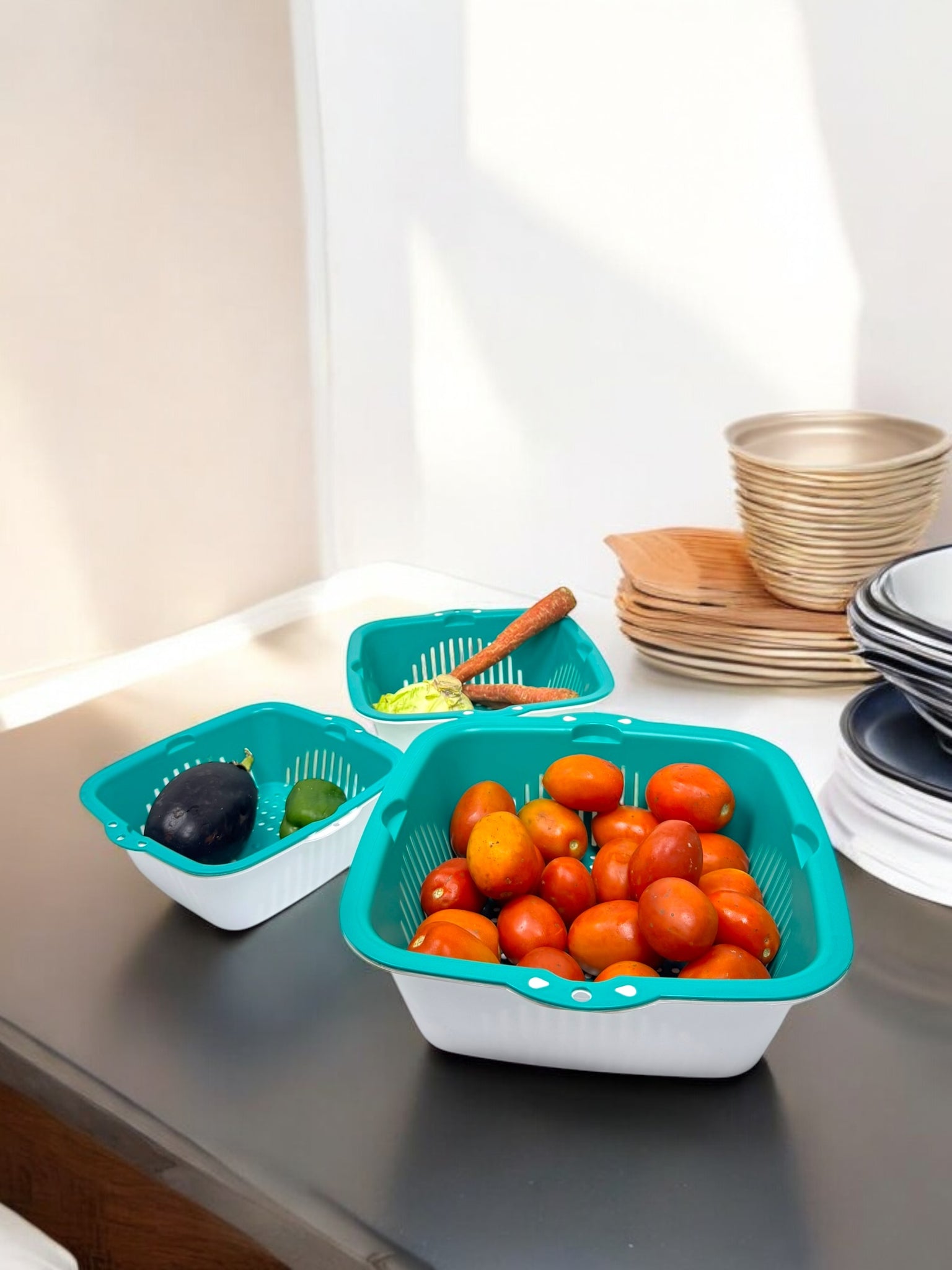 [6 Pieces] Sieve Kitchen Set, [2-in-1] Multifunctional Kitchen Strainer, Strainer Set, 3 Sizes, Plastic Pasta Strainer, Colander for Fruit and Vegetable Strainer