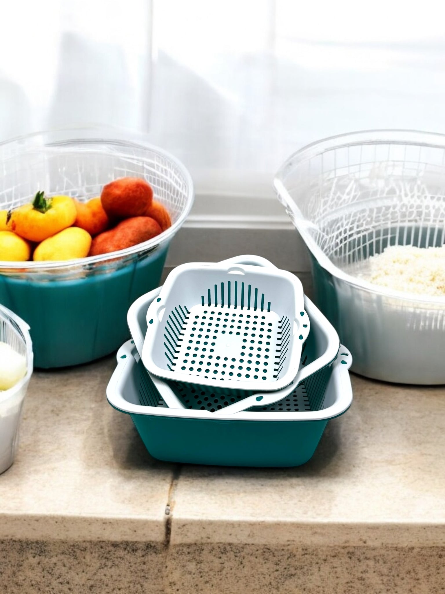 [6 Pieces] Sieve Kitchen Set, [2-in-1] Multifunctional Kitchen Strainer, Strainer Set, 3 Sizes, Plastic Pasta Strainer, Colander for Fruit and Vegetable Strainer